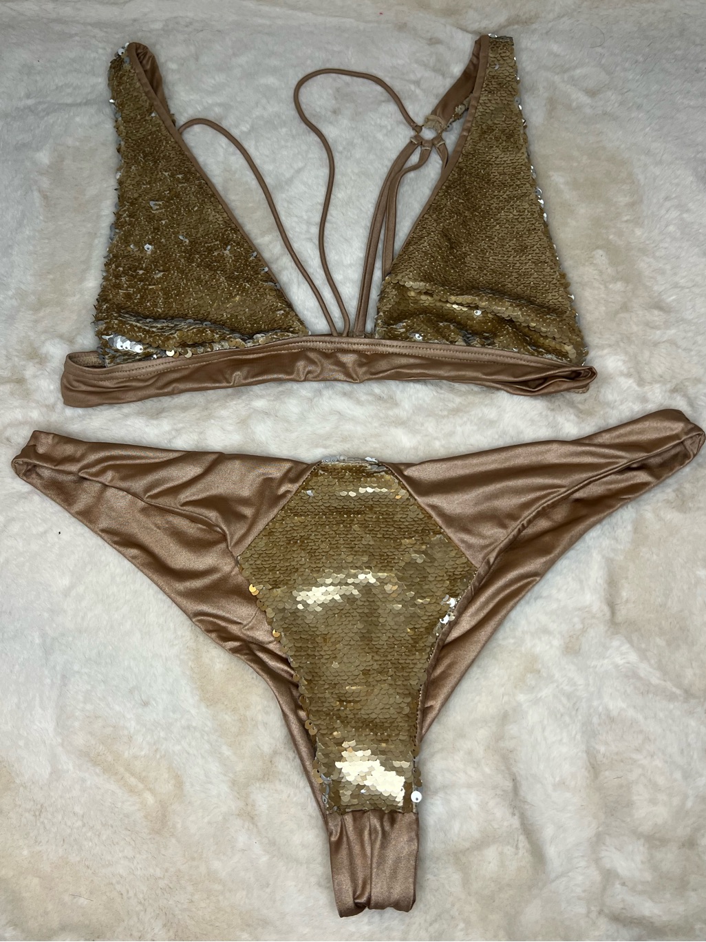 Beach Bunny Gold Sequin Bikini Set Glam Luxe Swimwear
